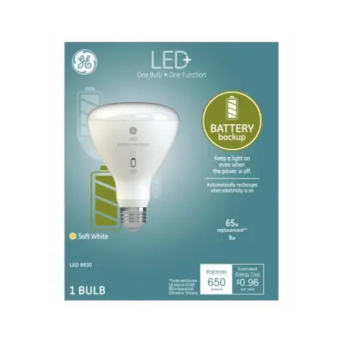 GE 93100204 LED Battery Backup Smart Bulb LED  BR30 E26 (Medium) Soft White 60 W Frosted