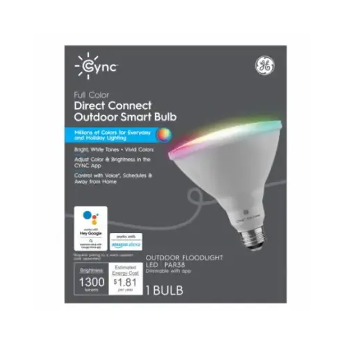 GE Lighting 93129692 Cync Smart Outdoor Floodlight LED Bulb, Dimmable, Millions of Colors, Par38, 10-Watts