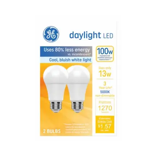 GE Lighting 93131946 Basic Series Light Bulb, neral-Purpose, A19 Lamp, 100 W Equivalent, Medium Lamp Base, Frosted, Daylight Pair