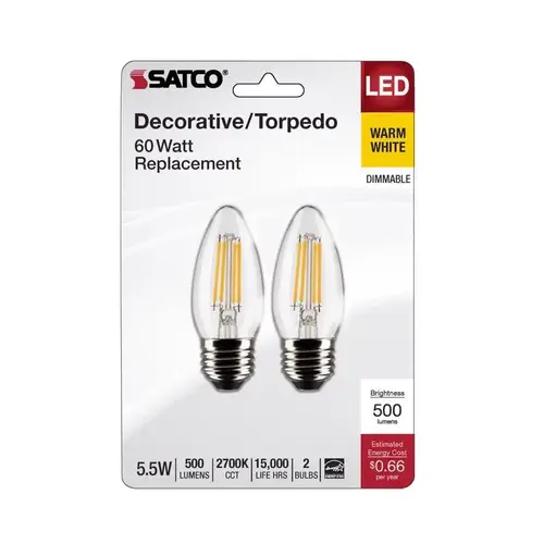 Satco S21837 Filament LED Bulb B11 E26 (Medium) Warm White 60 Watt Equivalence Clear
