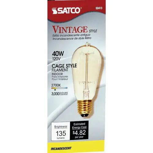 Satco S2413 40W Clear Medium ST19 Incandescent Vintage Light Bulb