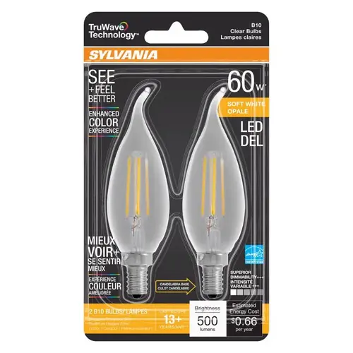 Sylvania 40757 LED Bulb Natural B10 E12 (Candelabra) Soft White 60 W Clear Pair