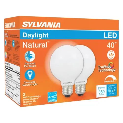 Sylvania 40766 LED Bulb, Globe, G25 Lamp, 40 W Equivalent, E26 Lamp Base, Dimmable, Frosted, Daylight Light Pair