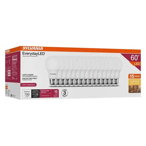 Sylvania 42132 LED BULB A19 3YR 2700K SW 60W - pack of 15