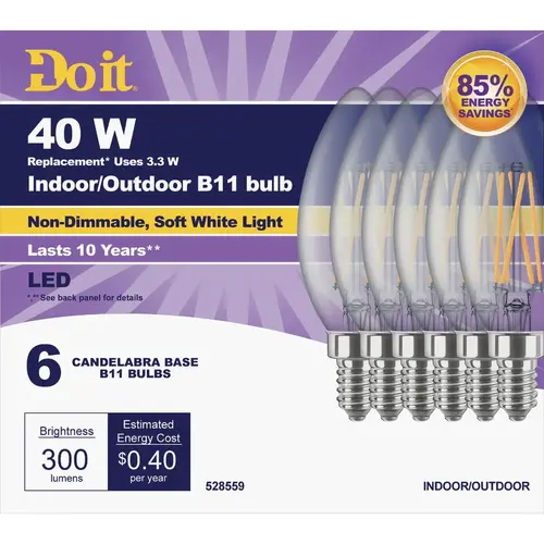 Do it 362079 40W Equivalent Soft White B11 Candelabra LED Decorative Light Bulb - pack of 6