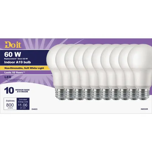 Do it 362129 60W Equivalent Soft White A19 Medium LED Light Bulb, Title 20 - pack of 10
