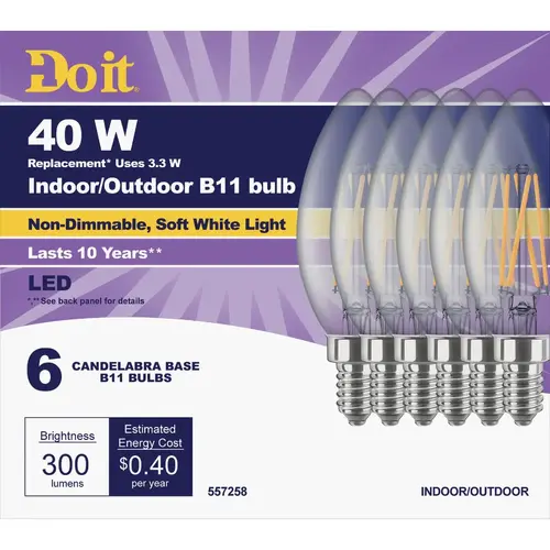 Do it 362186 40W Equivalent Soft White B11 Candelabra LED Decorative Light Bulb, Title 20 - pack of 6
