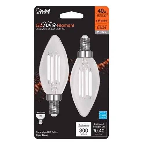 Feit BPCTC40927WFIL2 Filament LED Bulb B10 E12 (Candelabra) Soft White 40 Watt Equivalence White
