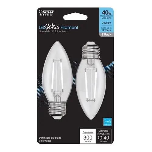 Feit BPETC40950WFIL2 Filament LED Bulb B10 E26 (Medium) Daylight 40 Watt Equivalence Clear