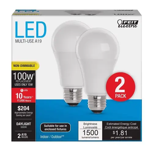 Feit Electric A160085010KLED2 2 LED Lamp, General Purpose, A19 Lamp, 100 W Equivalent, E26 Lamp Base, White Pair Frosted