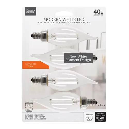 Feit Electric BPCFC40927WFIL4 Filament LED Bulb BA10 E12 (Candelabra) Soft White 40 Watt Equivalence Clear