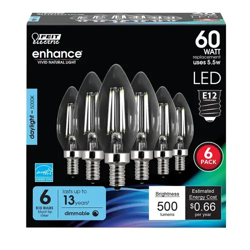 Feit Electric CTC60/950CAFIL6 Filament LED Bulb B10 E12 (Candelabra) Daylight 60 Watt Equivalence Clear