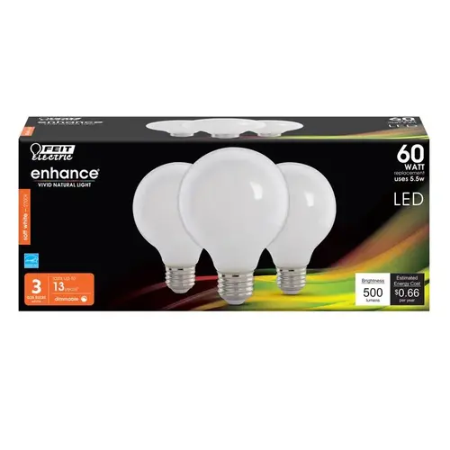 Feit Electric G2560W927CA/FIL/3/RP 60-Watt Equivalent G25 Dimmable Filament ENERGY STAR White Glass LED Light Bulb, Soft White - pack of 3
