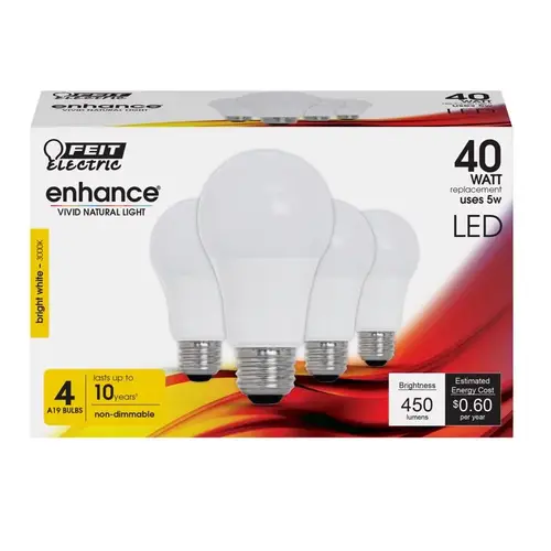 Feit Electric OM40/930CA10K/4 LED Bulb, General Purpose, A19 Lamp, 40 W Equivalent, E26 Lamp Base, Bright White Light - pack of 4