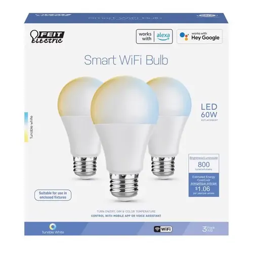 Feit OM60/CCT/CA/AG3 LED Bulb A19 E26 (Medium) Smart-Enabled Adjustable White 60 Watt Equivalence Clear