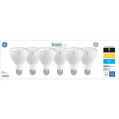 GE 46975 GE LED Light Bulb, Spot and Flood, BR30 Lamp, 65 W Equivalent, E26 Medium Screw-In Lamp Base, Yes, Frosted - pack of 6