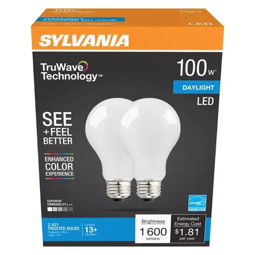 Sylvania 40753 Natural LED Bulb, General Purpose, A21 Lamp, 100 W Equivalent, E26 Lamp Base, Dimmable, Frosted Pair