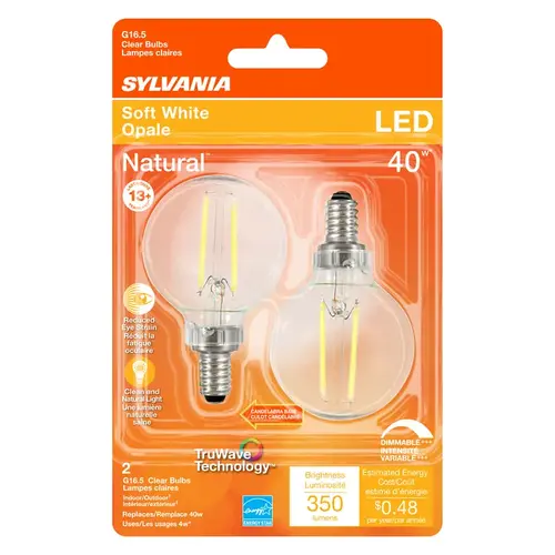 Sylvania 40784 Natural LED Bulb, Decorative, G16.5 Lamp, 40 W Equivalent, E12 Lamp Base, Dimmable, Clear Pair