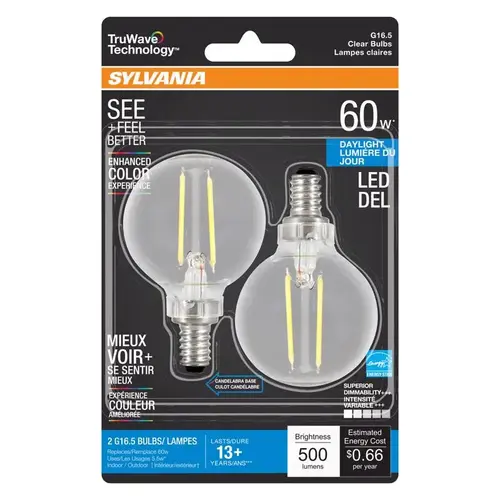 Sylvania 40853 Natural LED Bulb, Decorative, G16.5 Lamp, 60 W Equivalent, E12 Lamp Base, Dimmable, Clear, Daylight Light - pack of 2