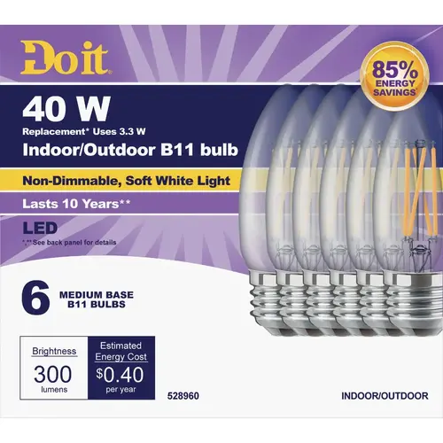 Do it 362087 40W Equivalent Soft White B11Medium LED Decorative Light Bulb - pack of 6