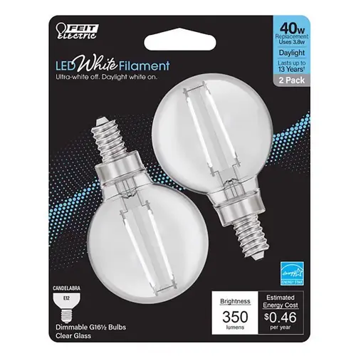 Feit BPG1640950WFIL2 Filament LED Bulb White Filament G16.5 E12 (Candelabra) Daylight 40 Watt Equivalence Clear
