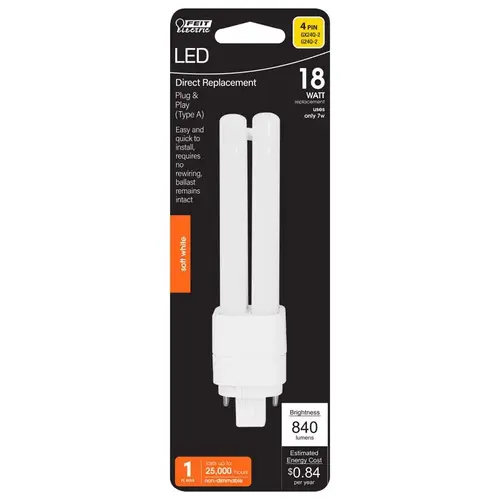 Feit Electric BPPLD18E827LED DRP LED Bulb, Double Twin Tube, PL Lamp, 18 W Equivalent, G24Q-2 Lamp Base White