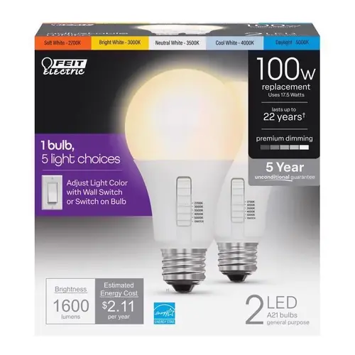 Feit Electric OM100DM/6WYCA/2 LED Bulb A21 E26 (Medium) Tunable White/Color Changing 100 Watt Equivalence Frosted