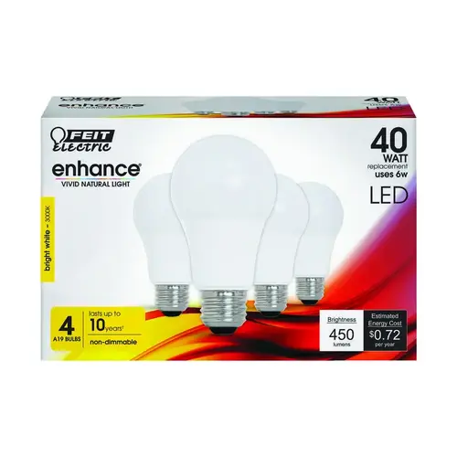 Feit Electric OM40/930CA10K/4 LED Bulb Enhance A19 E26 (Medium) Bright White 40 Watt Equivalence Clear