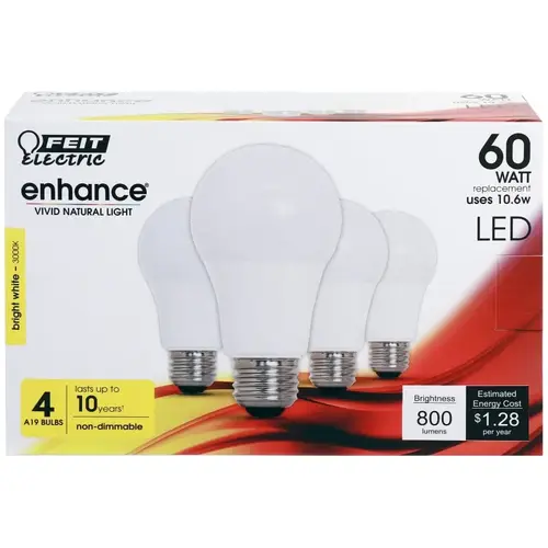 Feit Electric OM60/930CA10K/4 LED Bulb, General Purpose, A19 Lamp, 60 W Equivalent, E26 Lamp Base, Bright White Light Clear - pack of 4