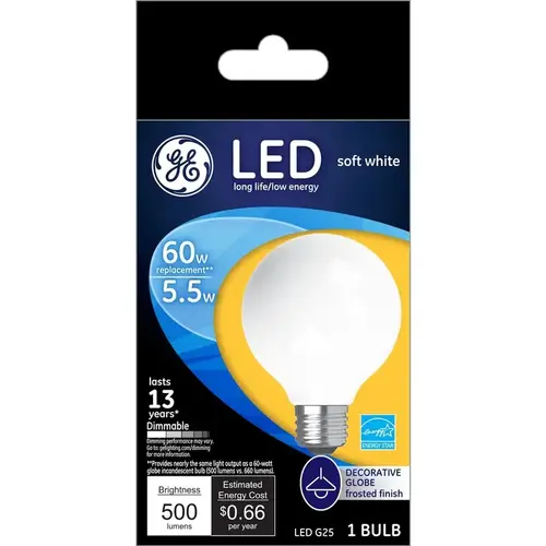 GE 25967 LED Bulb G25 E26 (Medium) Soft White 60 Watt Equivalence Frosted