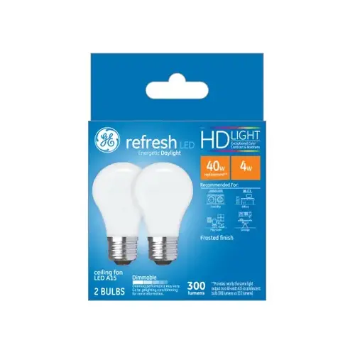 GE Lighting 31375 LED Ceiling Fan Light Bulbs, A15, Daylight, 300 Lumens, 4-Watts Pair
