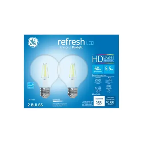 GE Lighting 31705 LED Refresh Globe Light Bulbs, Clear Daylight, 500 Lumens, 5.5-Watts Pair