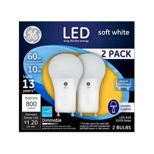 GE Lighting 93095629 LED Light Bulb, Soft White, A19, GU24 base, 10 Watt pair