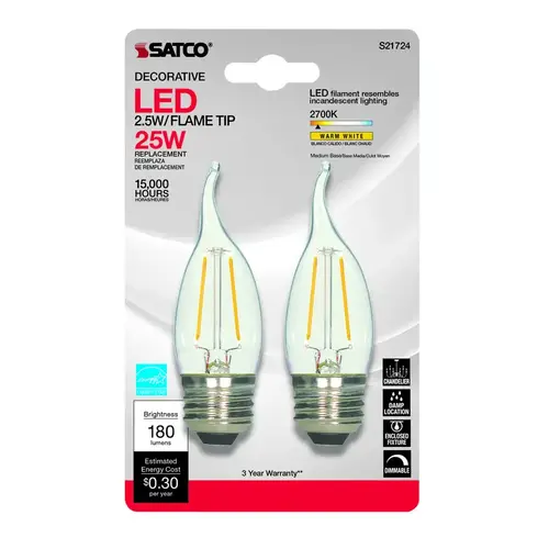 Satco S21848 LED Bulb CA10 E26 (Medium) Warm White 25 Watt Equivalence Clear Pair