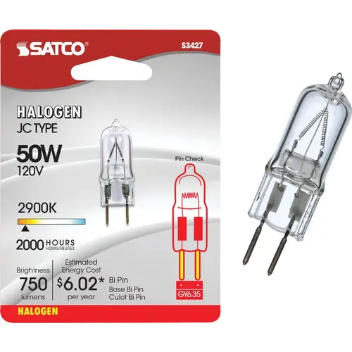 Satco S3427 50W 120V Clear Bi-Pin GY6.35 Base T4 Halogen Special Purpose Light Bulb
