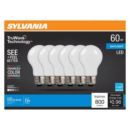 Sylvania 49824 40673 LED Bulb, General Purpose, A19 Lamp, E26 Lamp Base, Dimmable, Daylight, 5000 K Color Temp Frosted - pack of 6