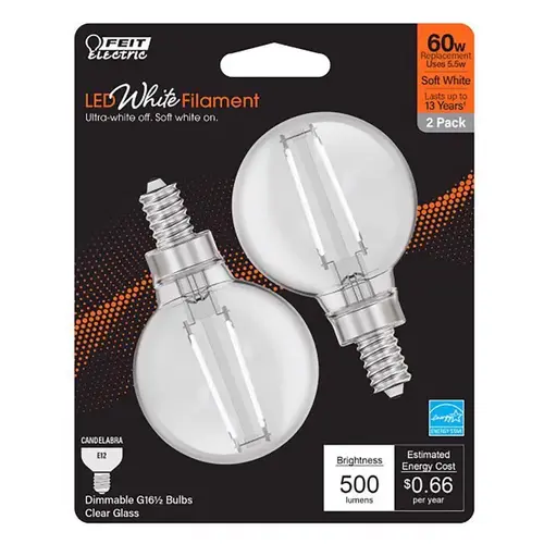 Feit BPG1660927WFIL2 Filament LED Bulb White Filament G16.5 E12 (Candelabra) Soft White 60 Watt Equivalence Clear