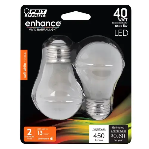 Feit Electric A1540W927CAFL2R LED Lamp, General Purpose, A15 Lamp, 40 W Equivalent, E26 Lamp Base, Dimmable, Frosted Pair Clear