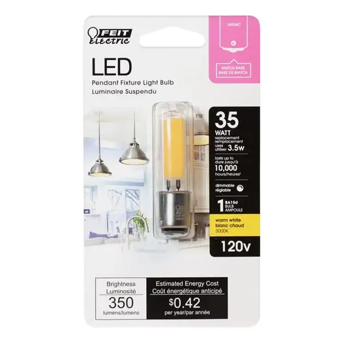 Feit Electric BP35DC/830/LED-XCP6 LED Bulb, Linear, T4 Lamp, 35 W Equivalent, Bayonet Lamp Base, Dimmable, Warm White Light - pack of 6