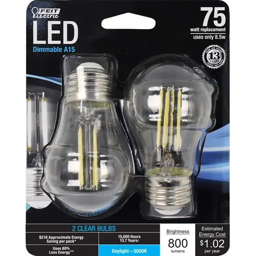 Feit Electric BPA1575850FIL2 Filament LED Bulb A15 E26 (Medium) Daylight 75 W Clear Pair
