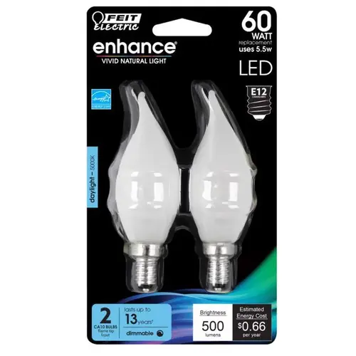 Feit Electric BPCFF60950CAFL2 LED Light Bulb, Decorative, Flame Tip, 60 W Equivalent, Candelabra Lamp Base, Dimmable - Pair Frosted