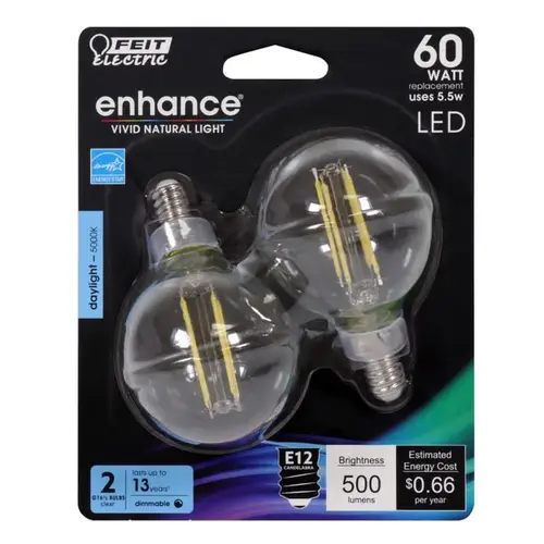 Feit Electric BPG1660950CAFL2 LED Light Bulb, Globe, G16 Lamp, E12 Lamp Base, Dimmable, 5000 K Color Temp - Pair Clear