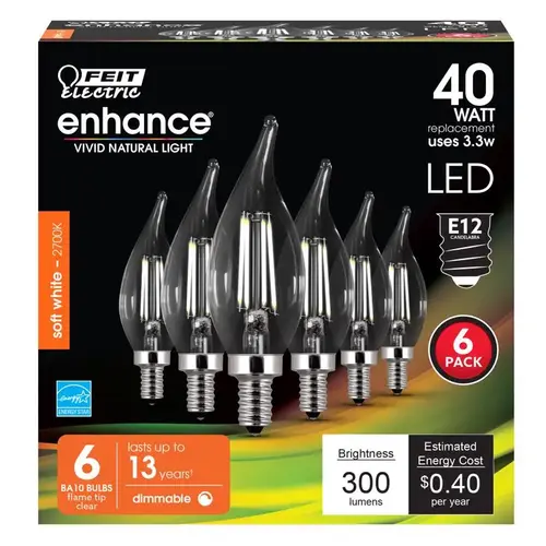 Feit Electric CFC40927CAFIL6 LED Bulb, Decorative, Flame Tip Lamp, 40 W Equivalent, E12 Lamp Base, Dimmable Clear - pack of 6