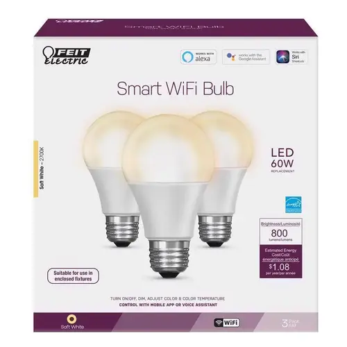 Feit Electric OM60/927CA/AG/3 LED Smart WiFi Bulb A19 E26 (Medium) Soft White 60 W Clear