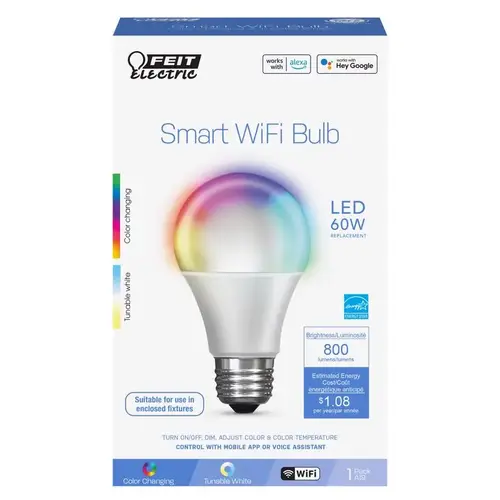 Feit Electric OM60/RGBW/CA/AG Smart Bulb, 9 W, Wi-Fi Connectivity: Yes, Remote, Voice Control, Medium E26 Lamp Base