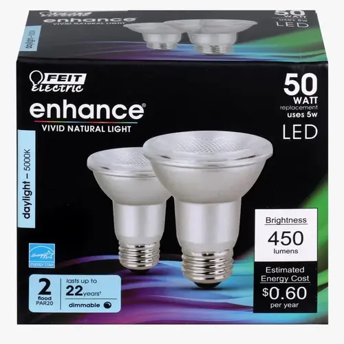 Feit Electric PAR20DM/950CA/2 LED Lamp, Flood/Spotlight, PAR20 Lamp, 50 W Equivalent, E26 Lamp Base, Dimmable, Frosted Pair Clear