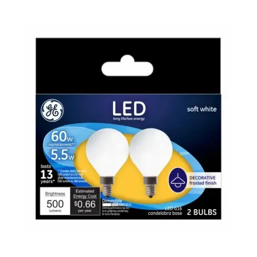GE Lighting 25923 Decorative LED Light Bulbs, Candelabra Base, Soft White, Frosted, Dimmable, 500 Lumens, 5.5-Watts Pair
