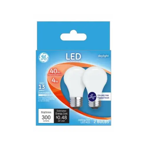 GE Lighting 28392 Decorative LED Ceilng Fan Light Bulbs, Daylight, Frosted, 300 Lumens, 4-Watts Pair