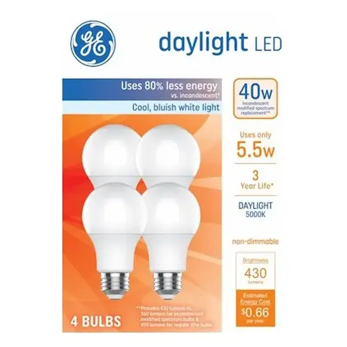 GE Lighting 93131941 LED Light Bulbs, A19 Medium Base, 5.5 Watts pack of 4