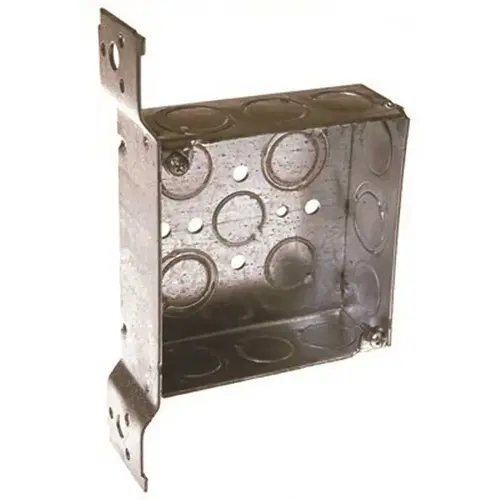 RACO 196 4 in. Square Box Welded 1-1/2 in. Deep with Nine 1/2 in. KO's and Five TKO's, FS, Flush Bracket Gray